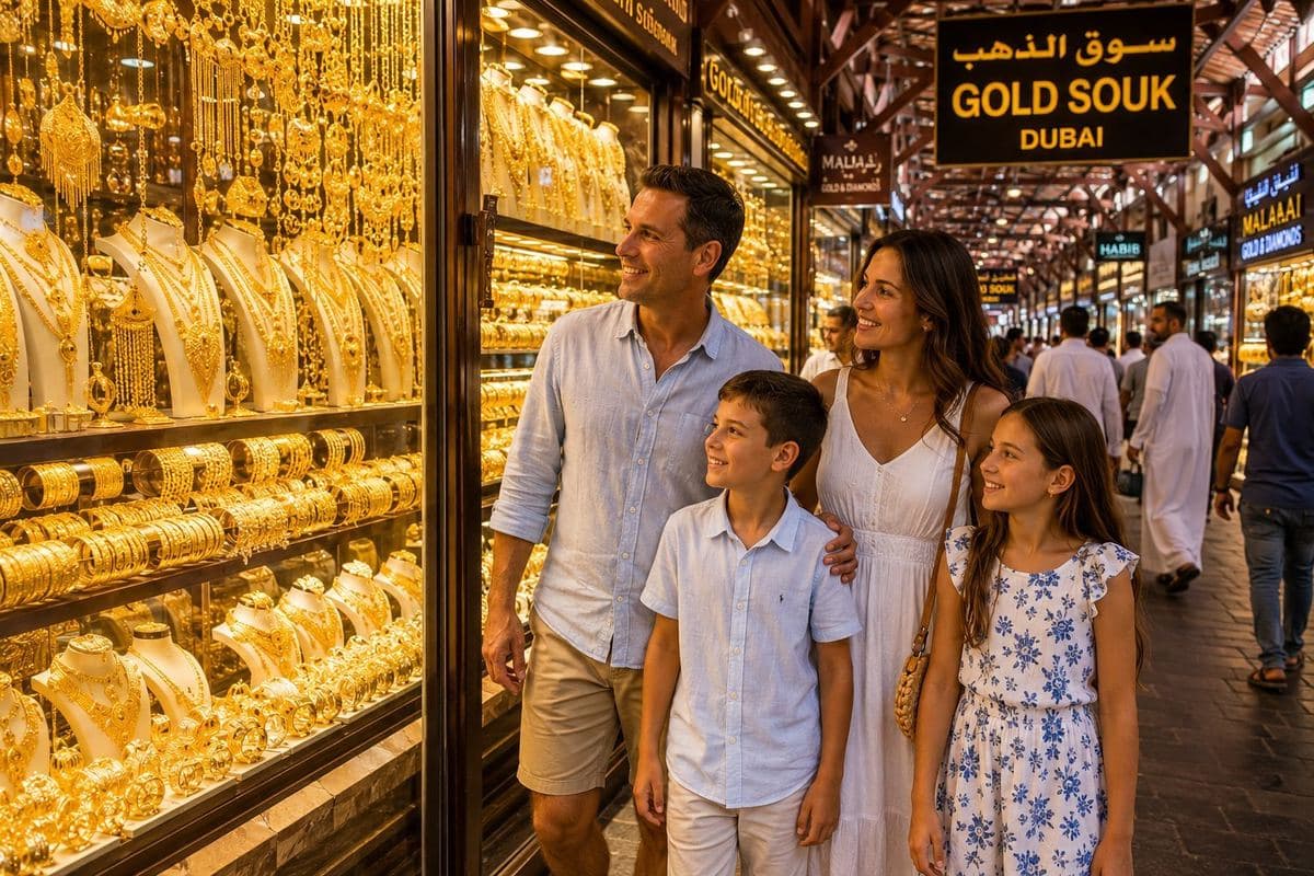 Family browsing the Gold Souk in Old Dubai