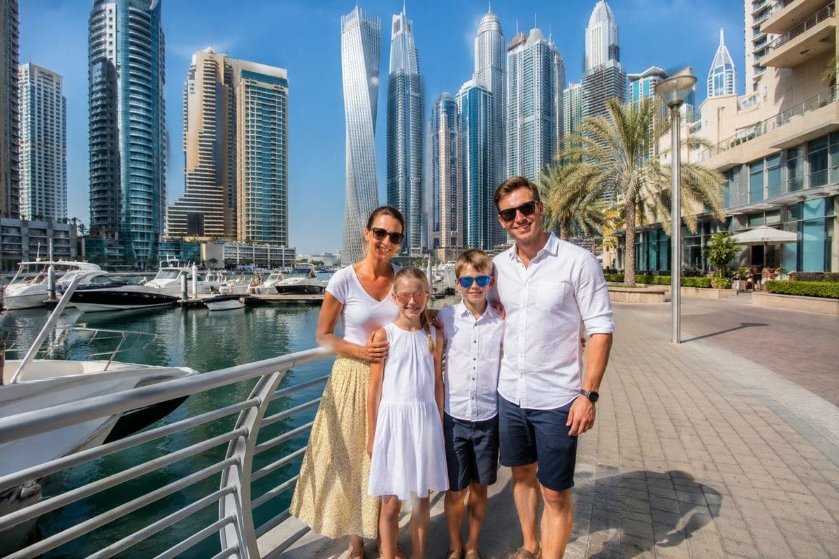 Walking the Dubai Marina waterfront among the towers