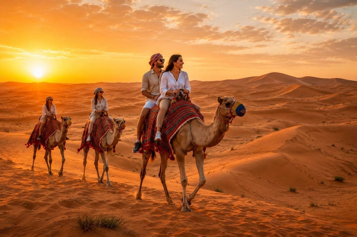 Camel ride across the dunes in the early morning light