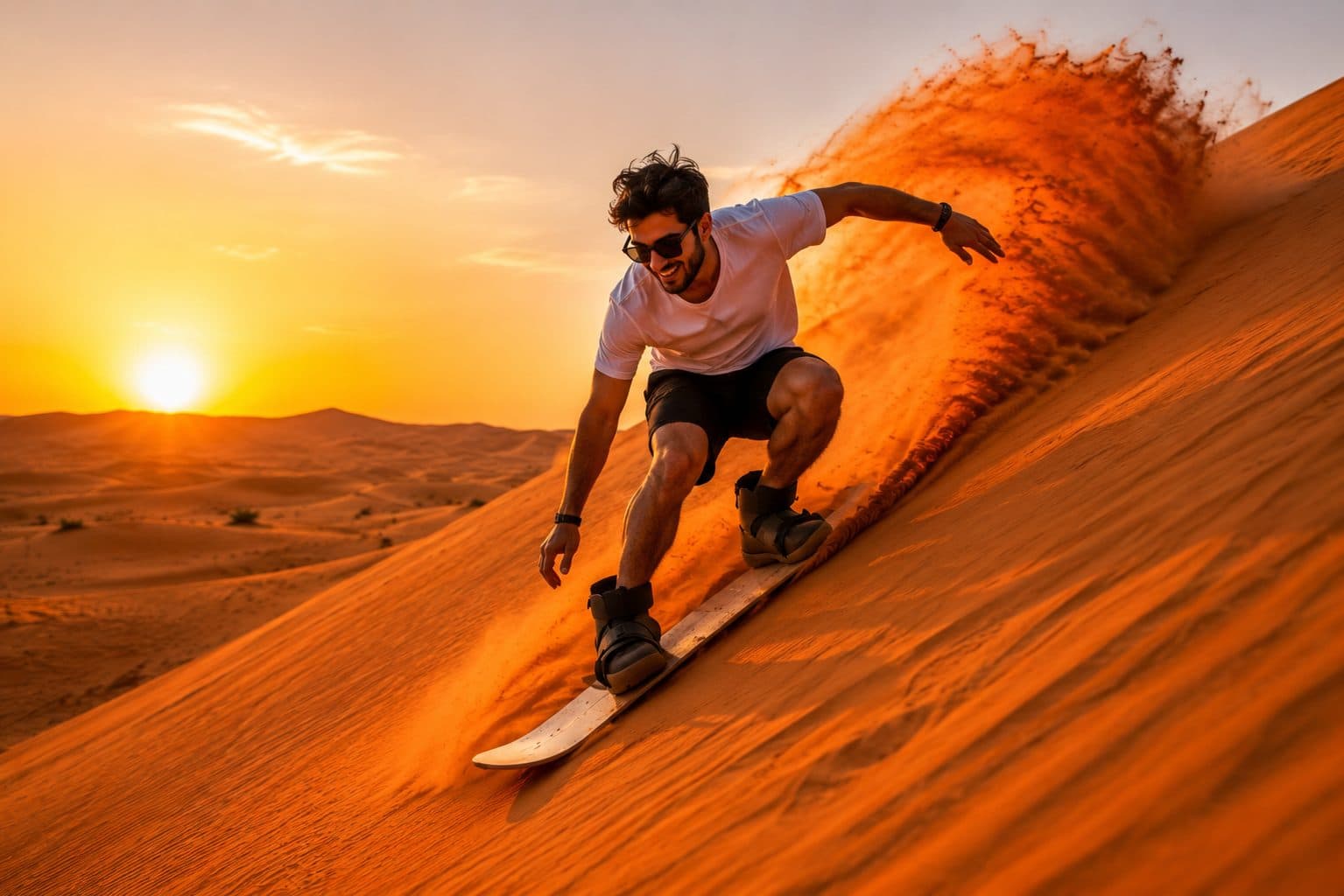 Sandboarding down a red dune outside Dubai