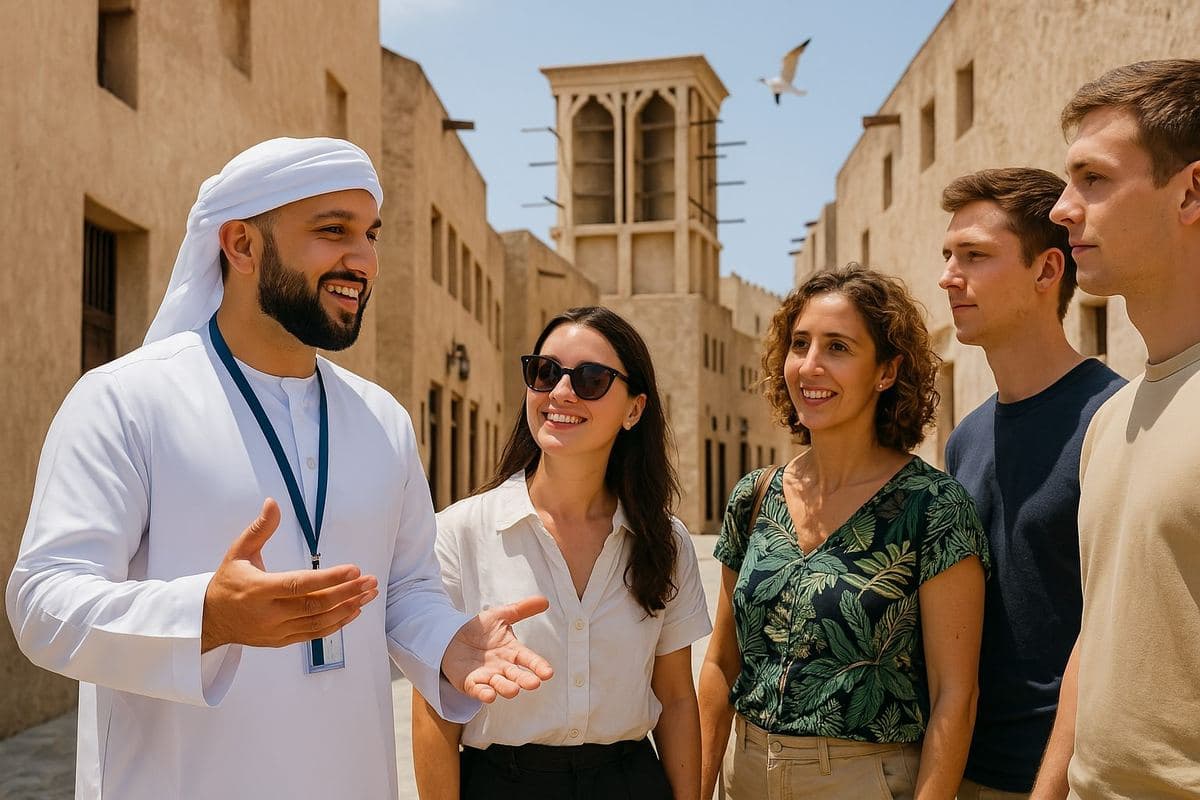Guide explaining Old Dubai history to a small group of travellers
