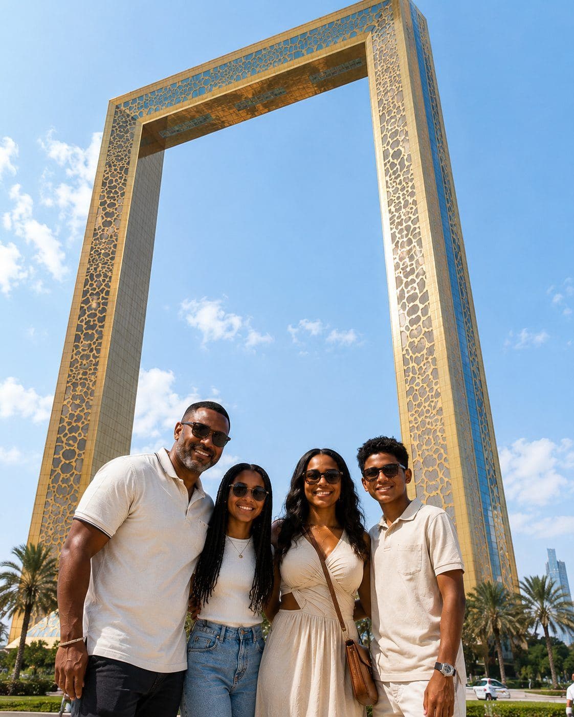 Travellers at the Dubai Frame on a private stopover tour