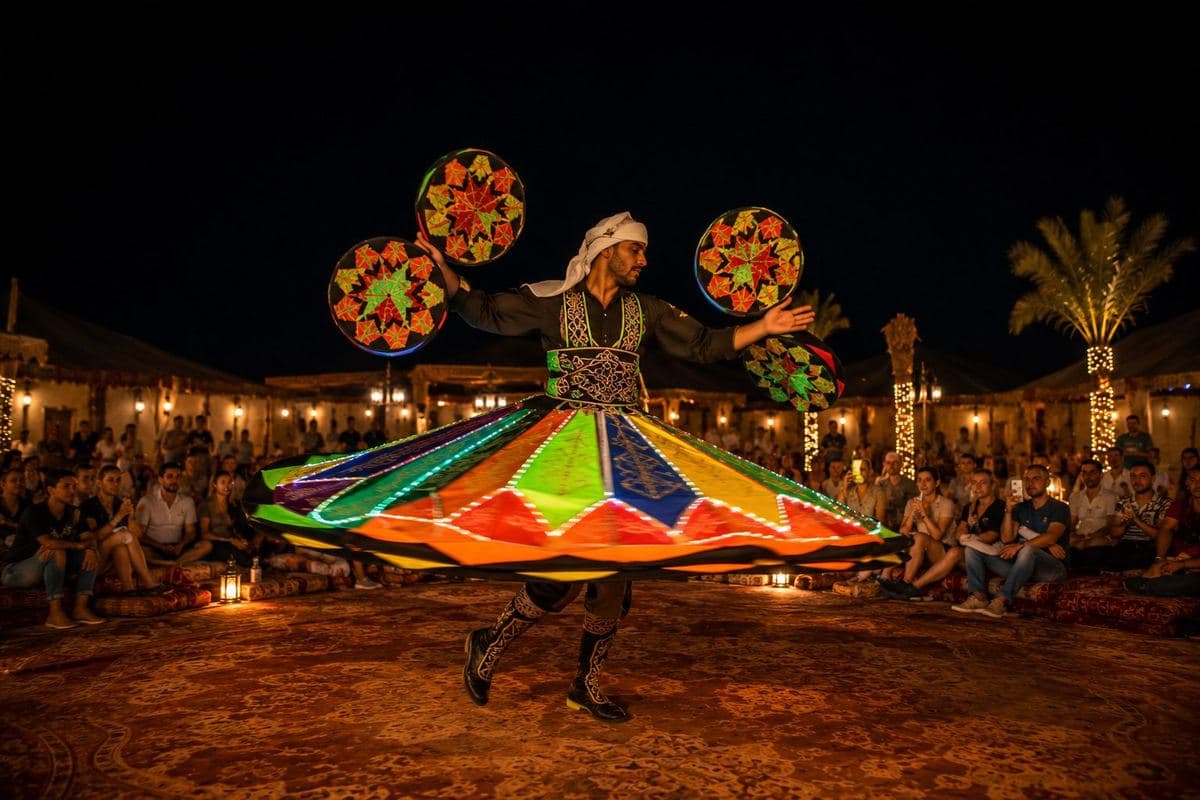 Tanoura performance at the desert camp in the evening